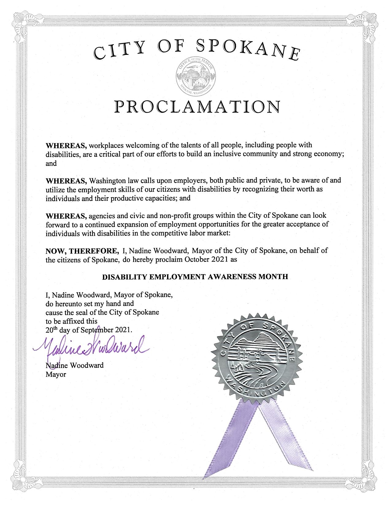 City of Spokane Proclamation - Disability Employment Awareness Month, October
