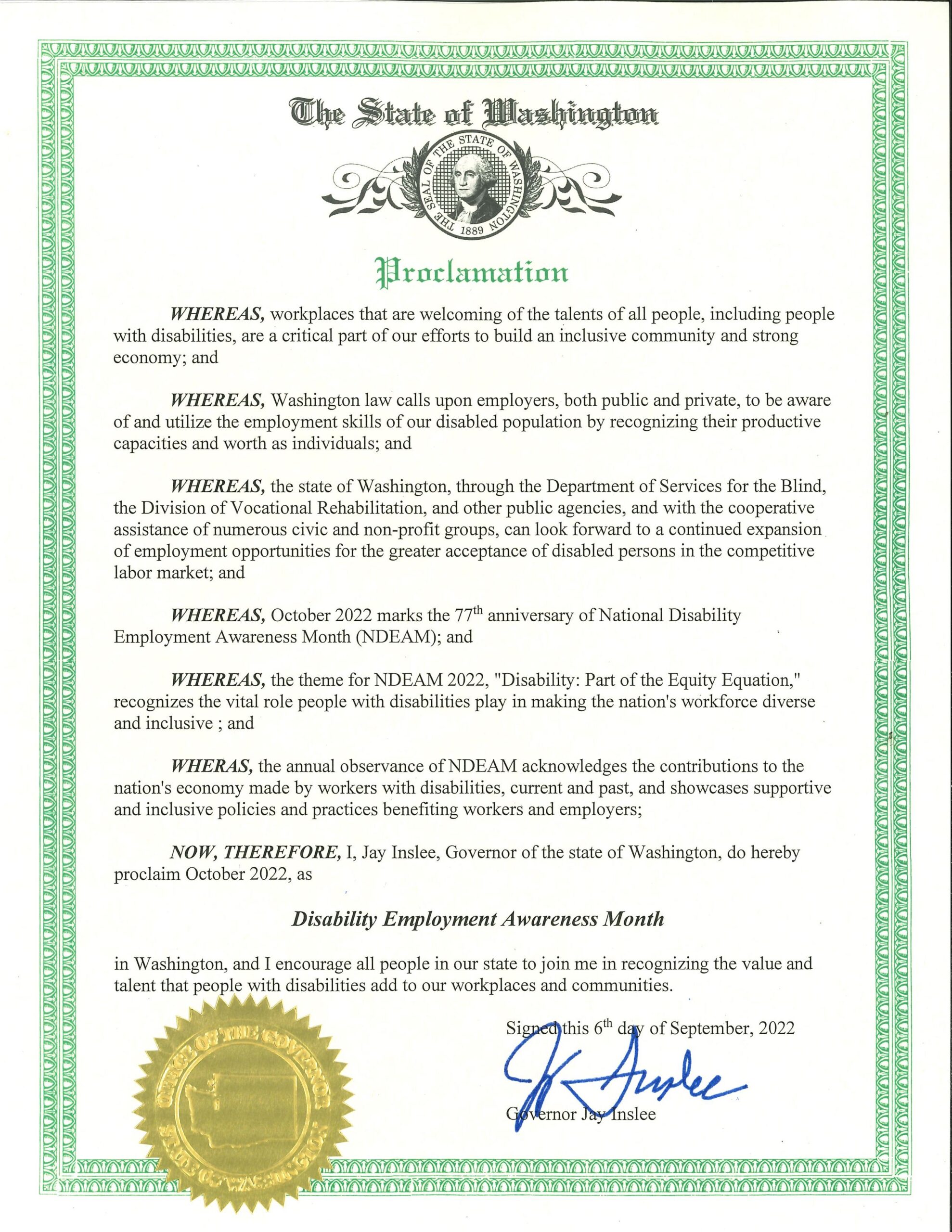 WA State Governor Jay Inslee's Proclamation of National Disability Employment Awareness Month in October