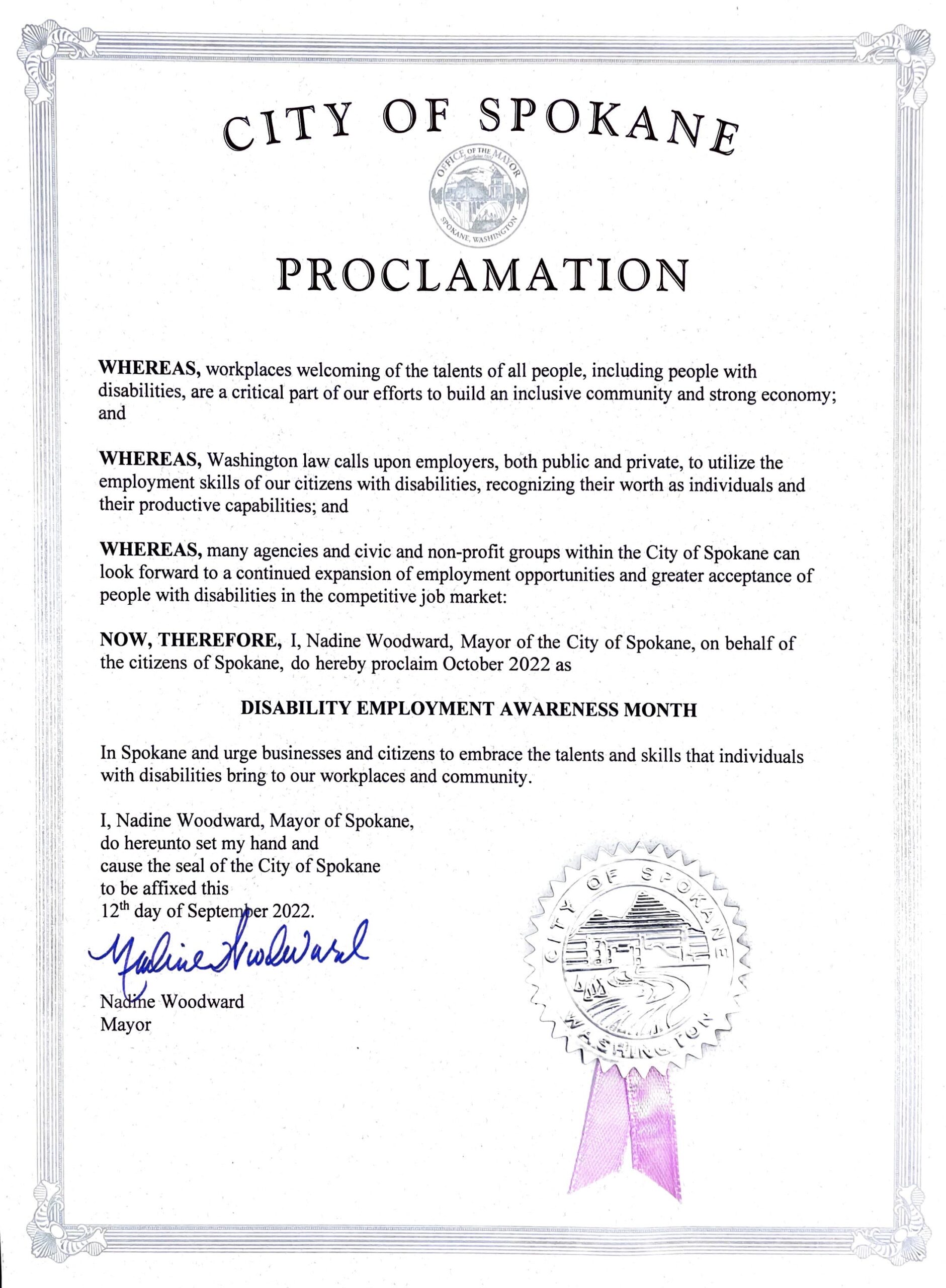 Image of City of Spokane's Proclamation for Disability Employment Awareness Month